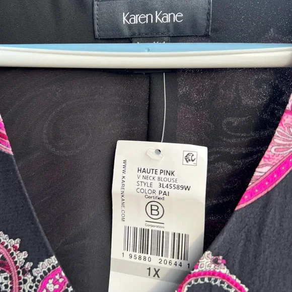 🆕 🇮🇹 Karen Kane Paisley Pink Black Blouse V-Neck Elastic Waist Pullover - Picture 8 of 9